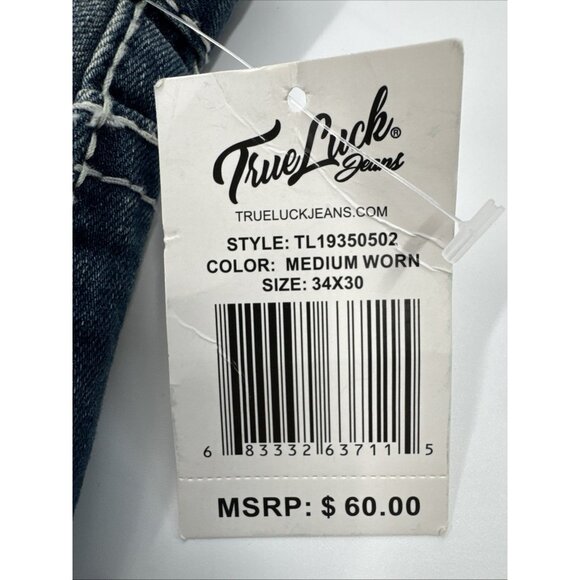 True Luck Jeans Mens 34x30 Blue Denim Bootcut Stretch Embroidered Whiskering - Picture 4 of 11